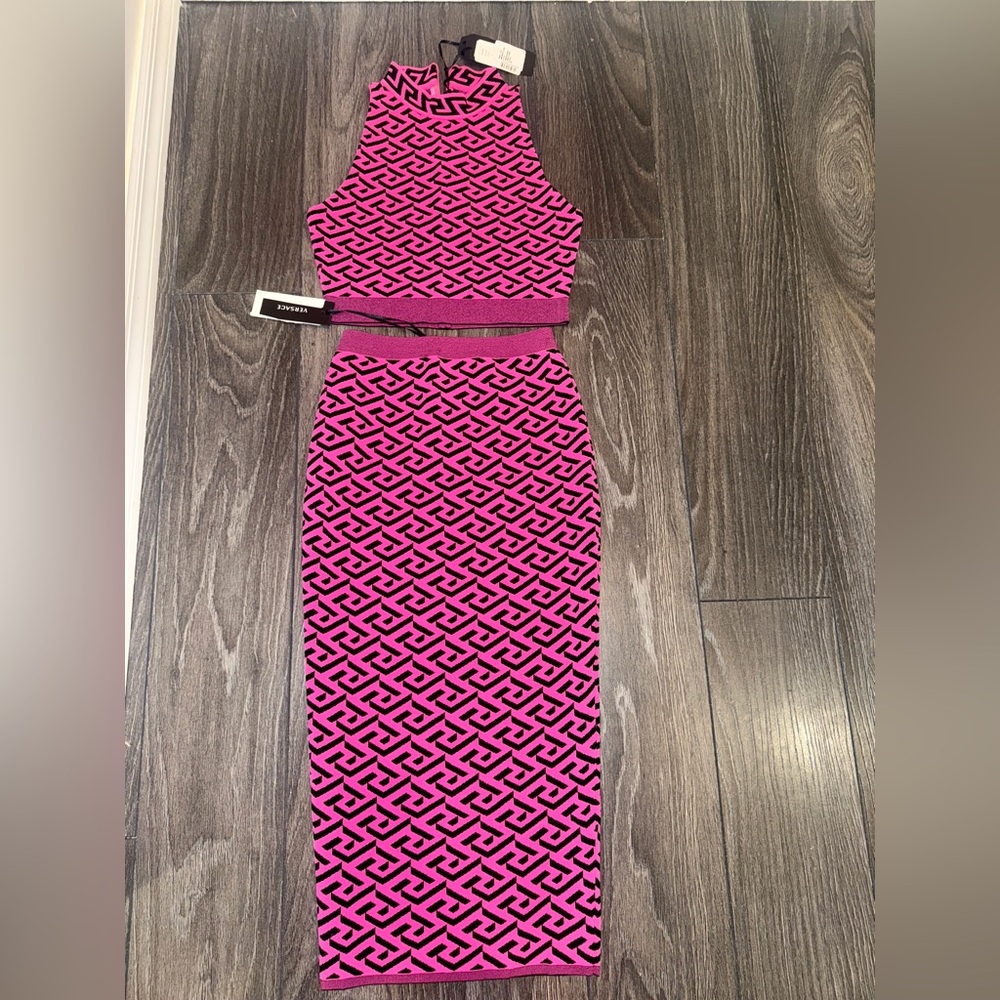 NEW W/ TAGS Versace Pink & Black Logo Two-Piece Coordinating Skirt & Top Set